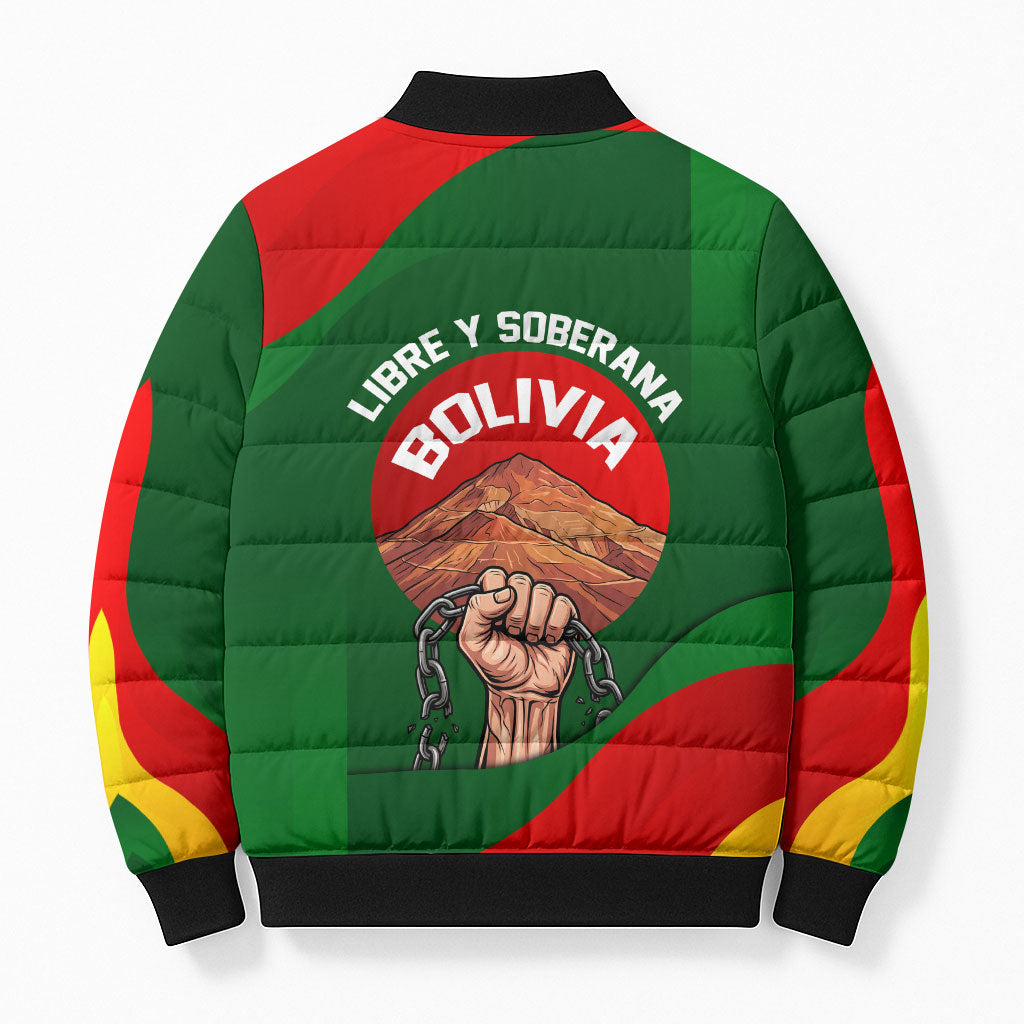 Bolivia Independence Day Bomber Puffer Jacket Coat Of Arms Libre Y Soberana Heritage Art Broken Chains