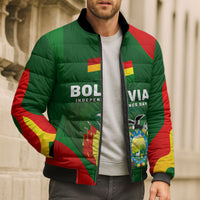 Bolivia Independence Day Bomber Puffer Jacket Coat Of Arms Libre Y Soberana Heritage Art Broken Chains