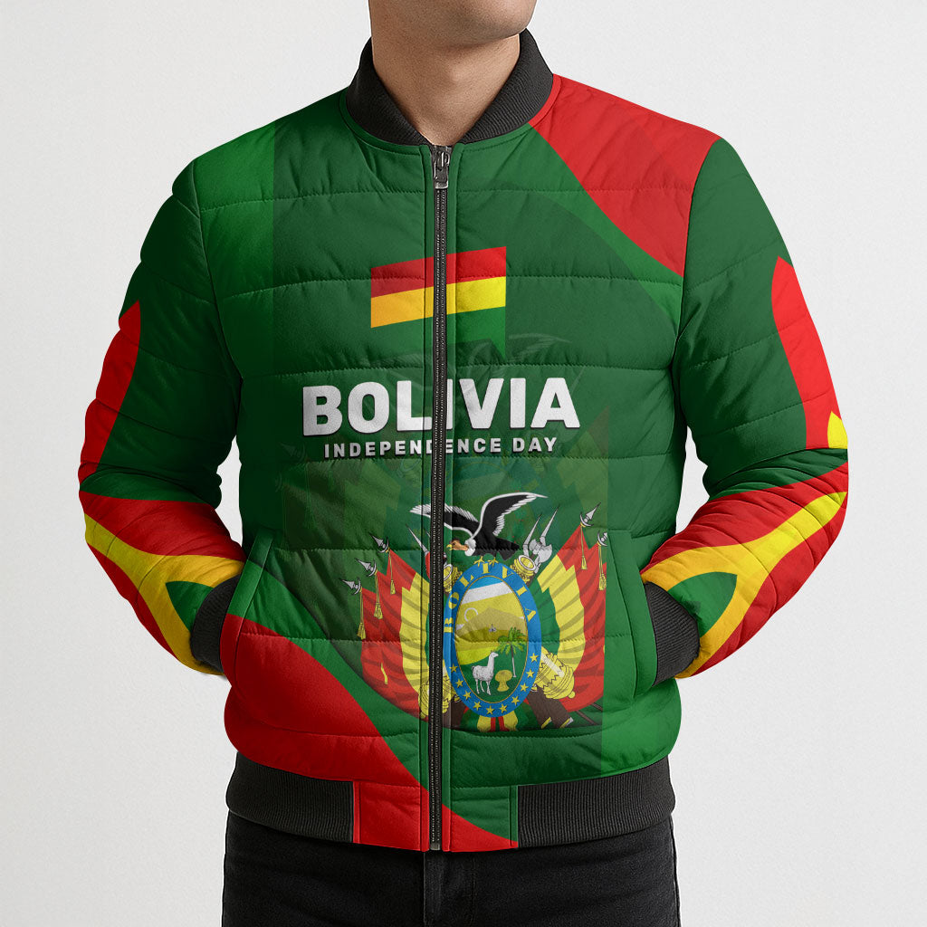 Bolivia Independence Day Bomber Puffer Jacket Coat Of Arms Libre Y Soberana Heritage Art Broken Chains