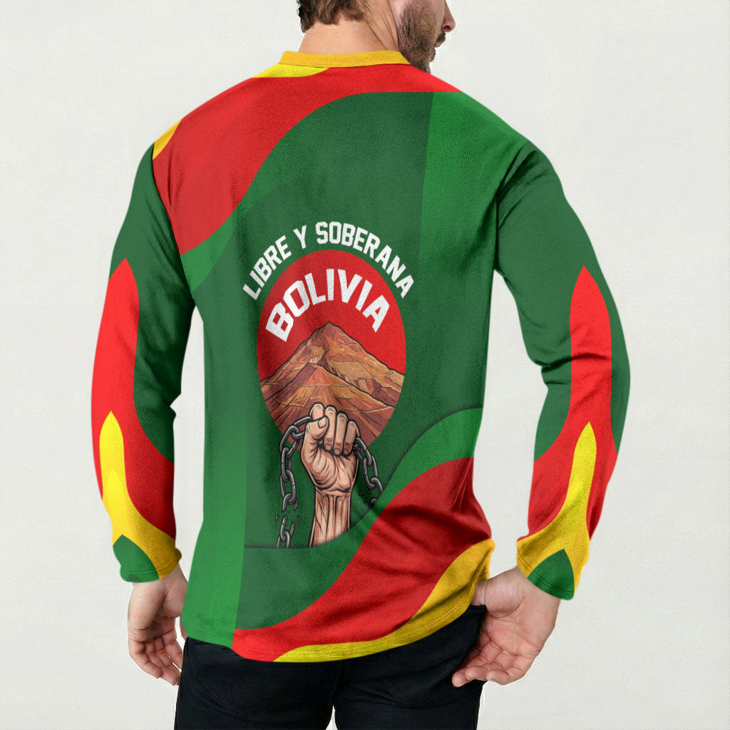 Bolivia Independence Day Button Sweatshirt Coat Of Arms Libre Y Soberana Heritage Art Broken Chains