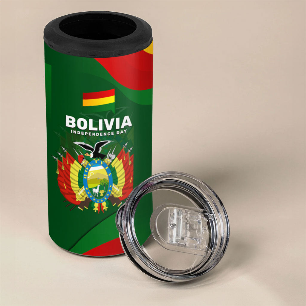 Bolivia Independence Day 4 in 1 Can Cooler Tumbler Coat Of Arms Libre Y Soberana Heritage Art Broken Chains