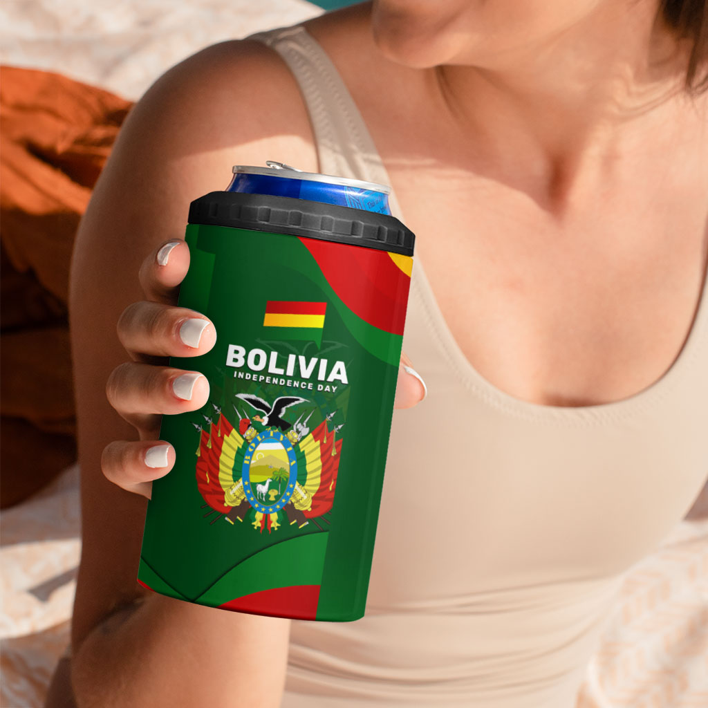 Bolivia Independence Day 4 in 1 Can Cooler Tumbler Coat Of Arms Libre Y Soberana Heritage Art Broken Chains