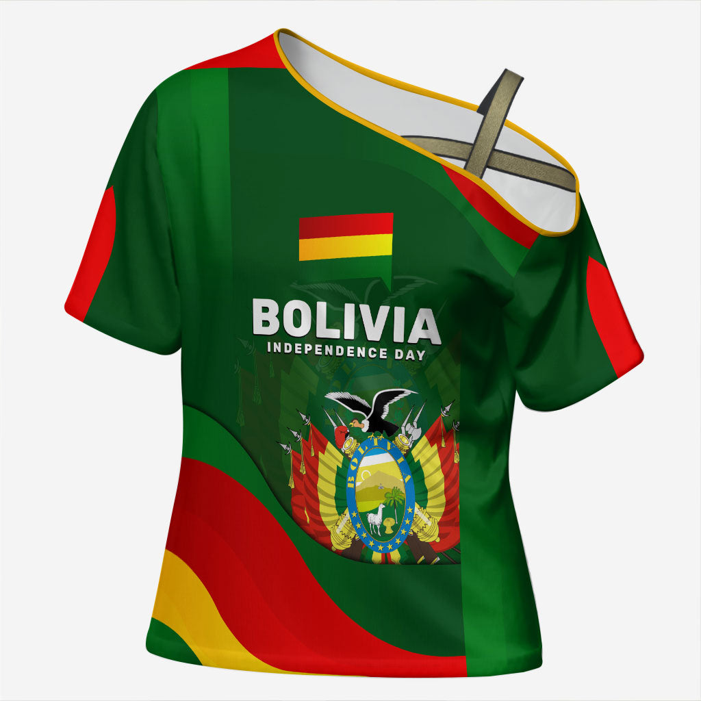 Bolivia Independence Day Cross Shoulder Shirt Coat Of Arms Libre Y Soberana Heritage Art Broken Chains