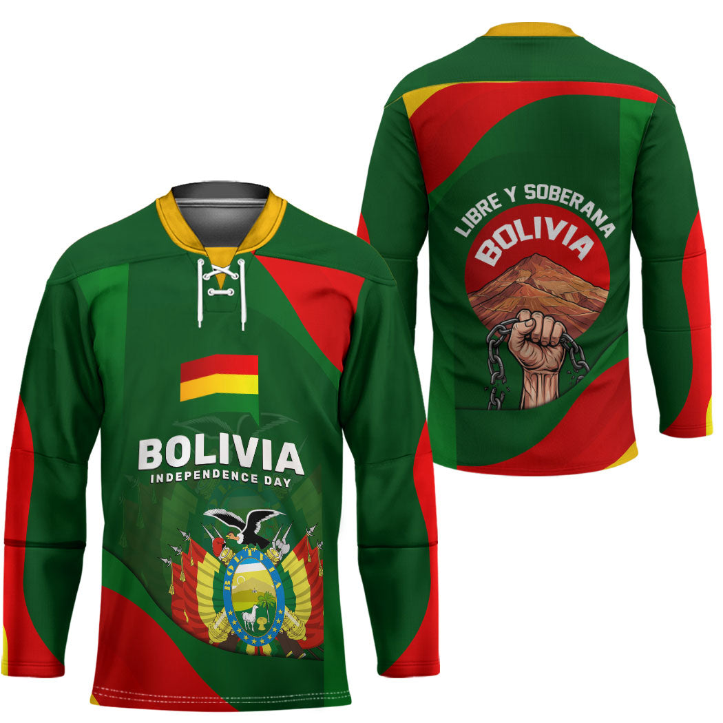 Bolivia Independence Day Hockey Jersey Coat Of Arms Libre Y Soberana Heritage Art Broken Chains
