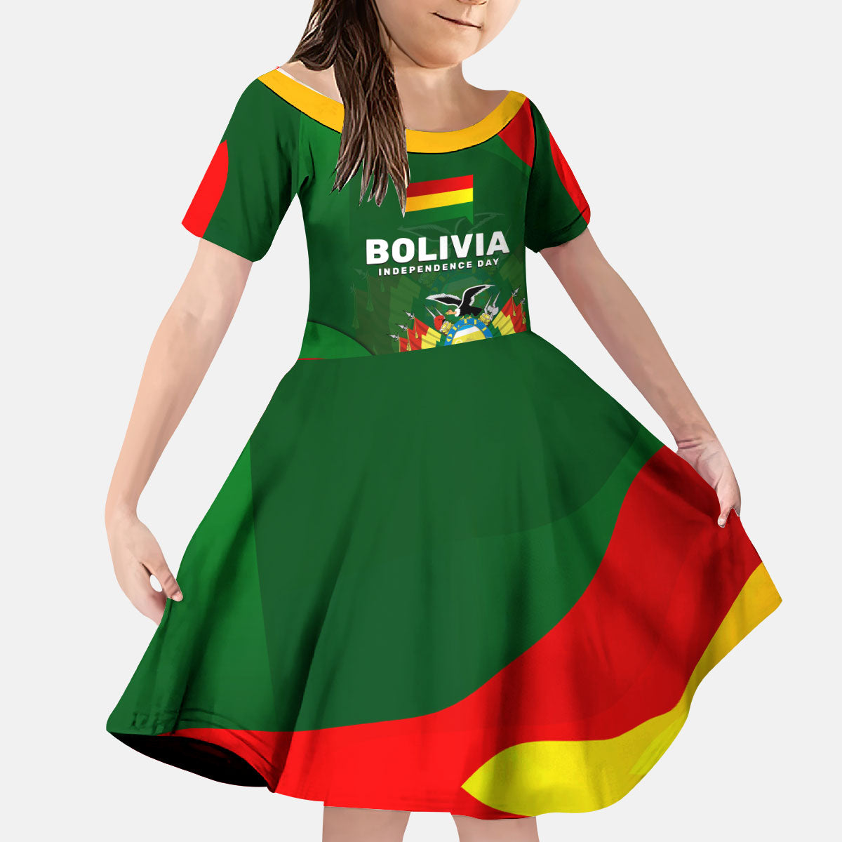 Bolivia Independence Day Kid Short Sleeve Dress Coat Of Arms Libre Y Soberana Heritage Art Broken Chains