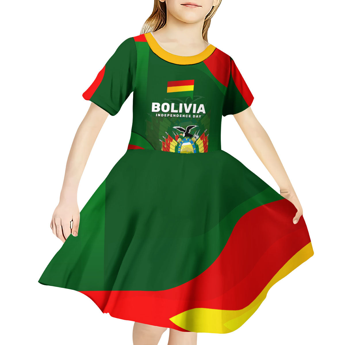 Bolivia Independence Day Kid Short Sleeve Dress Coat Of Arms Libre Y Soberana Heritage Art Broken Chains