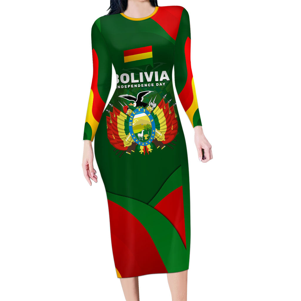 Bolivia Independence Day Long Sleeve Bodycon Dress Coat Of Arms Libre Y Soberana Heritage Art Broken Chains