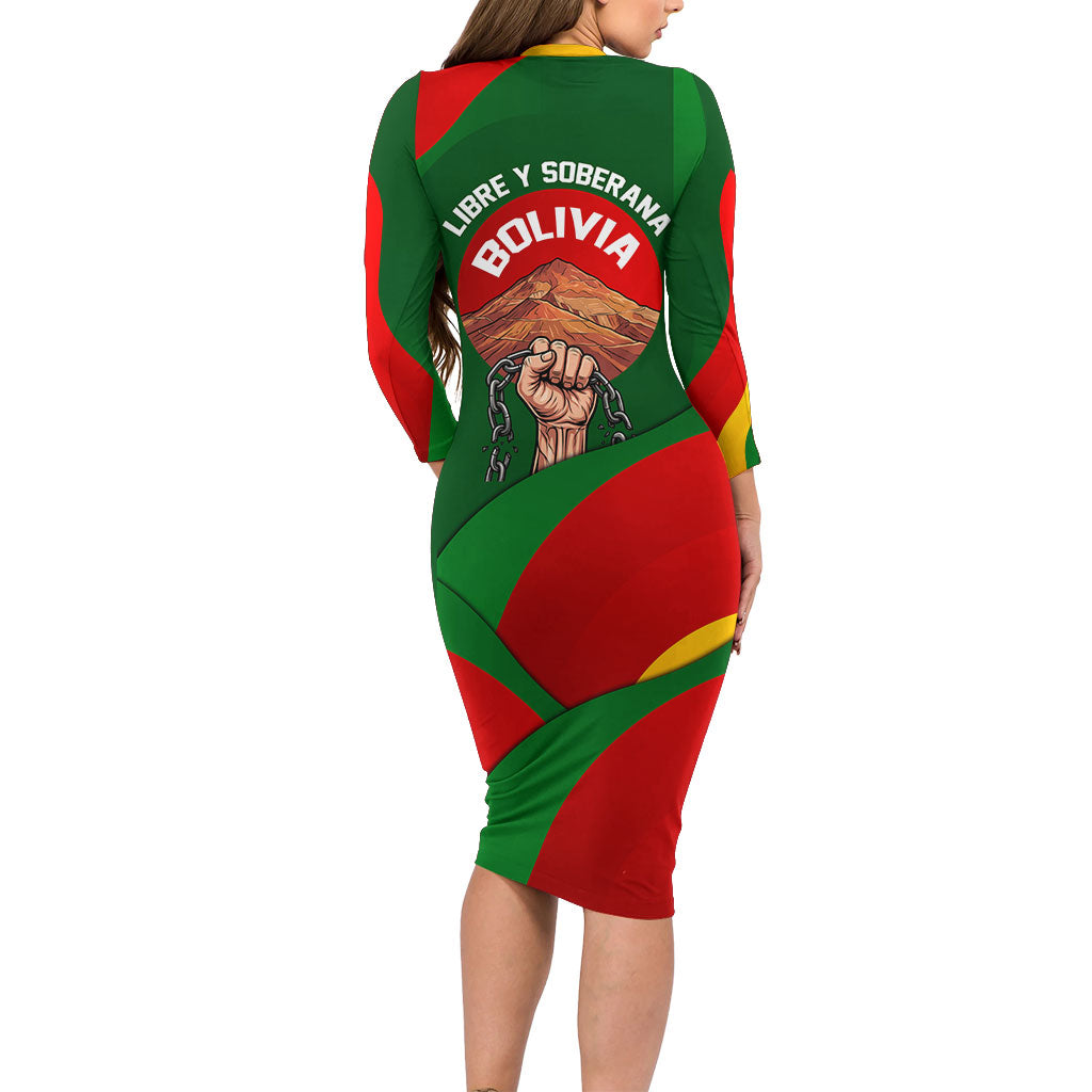 Bolivia Independence Day Long Sleeve Bodycon Dress Coat Of Arms Libre Y Soberana Heritage Art Broken Chains