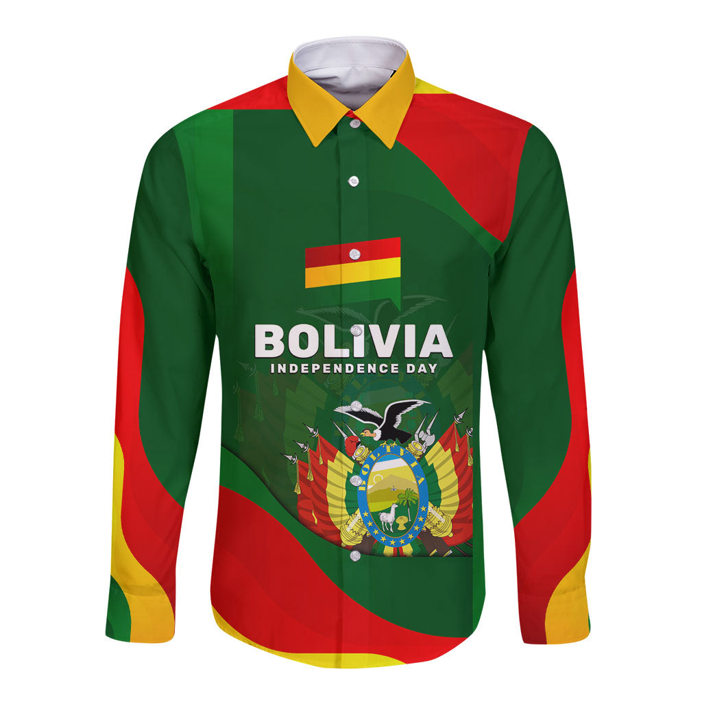 Bolivia Independence Day Long Sleeve Button Shirt Coat Of Arms Libre Y Soberana Heritage Art Broken Chains