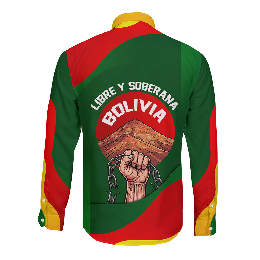 Bolivia Independence Day Long Sleeve Button Shirt Coat Of Arms Libre Y Soberana Heritage Art Broken Chains