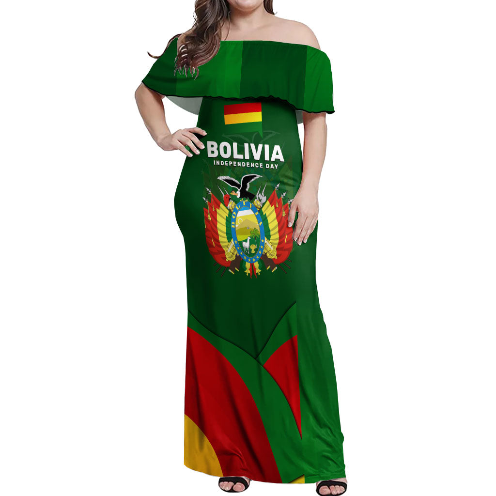 Bolivia Independence Day Off Shoulder Maxi Dress Coat Of Arms Libre Y Soberana Heritage Art Broken Chains