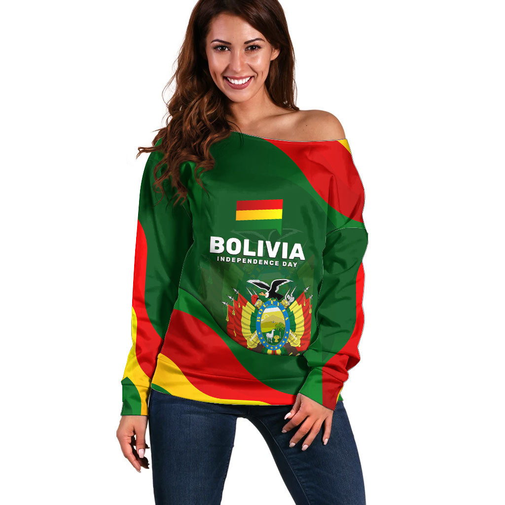 Bolivia Independence Day Off Shoulder Sweater Coat Of Arms Libre Y Soberana Heritage Art Broken Chains