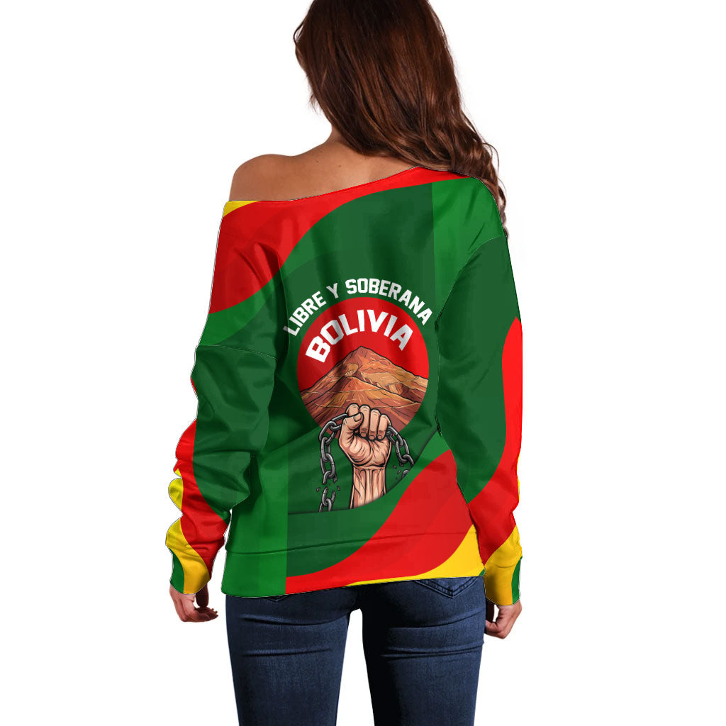 Bolivia Independence Day Off Shoulder Sweater Coat Of Arms Libre Y Soberana Heritage Art Broken Chains