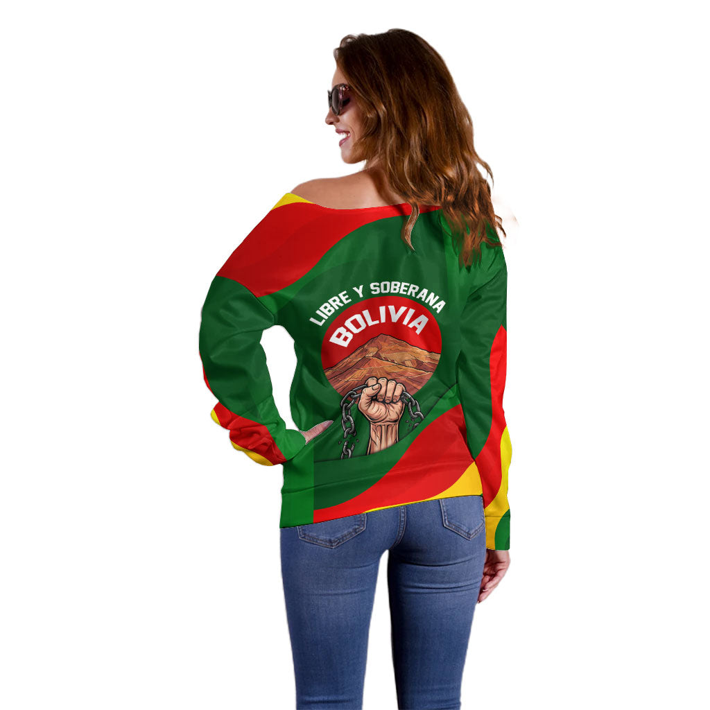 Bolivia Independence Day Off Shoulder Sweater Coat Of Arms Libre Y Soberana Heritage Art Broken Chains