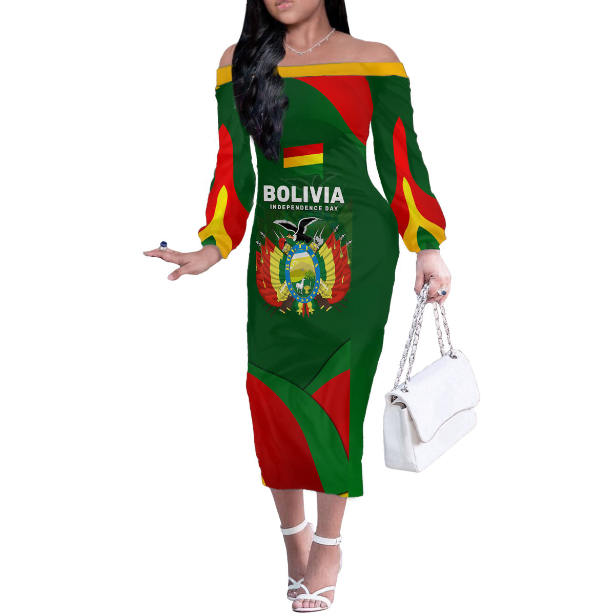 Bolivia Independence Day Off The Shoulder Long Sleeve Dress Coat Of Arms Libre Y Soberana Heritage Art Broken Chains