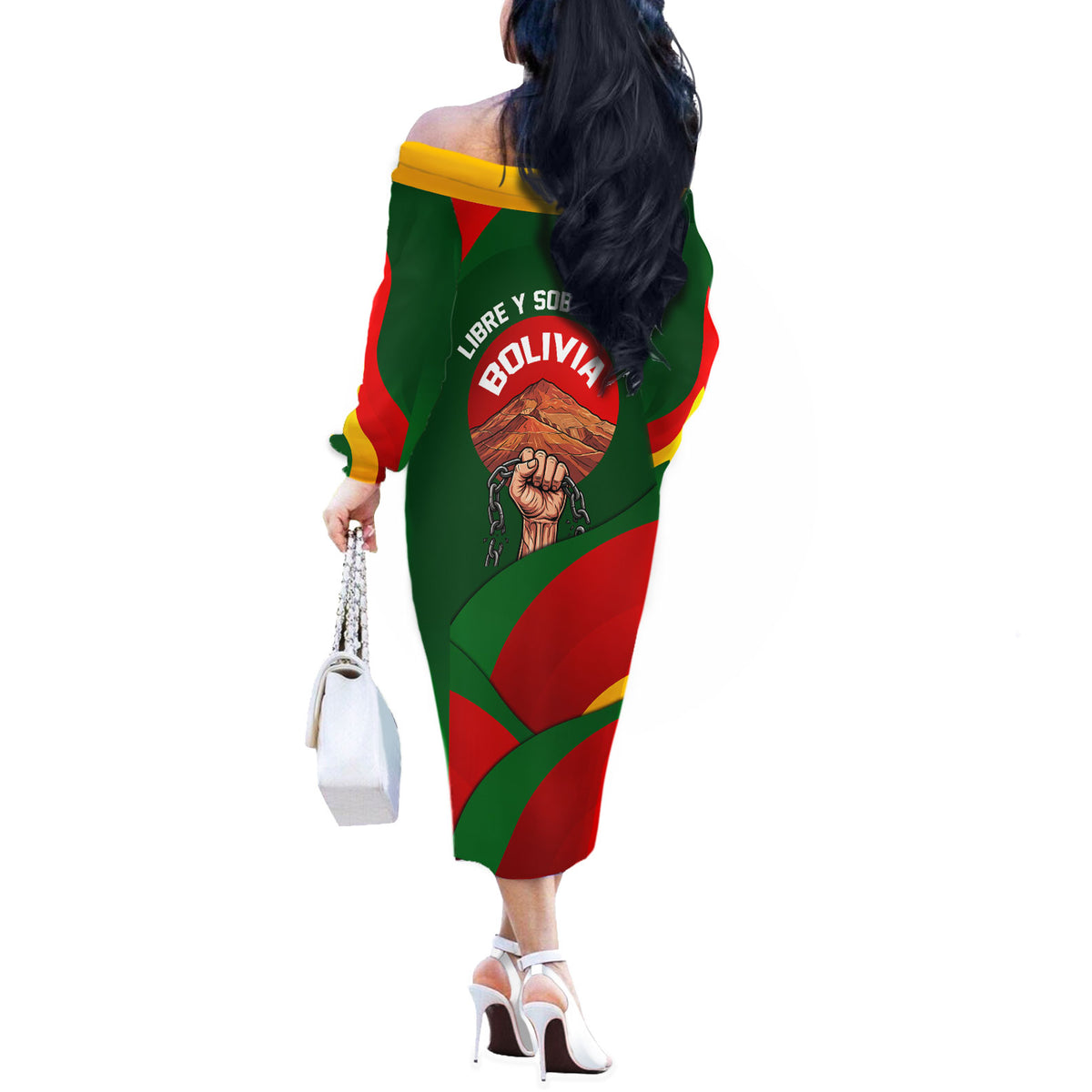 Bolivia Independence Day Off The Shoulder Long Sleeve Dress Coat Of Arms Libre Y Soberana Heritage Art Broken Chains