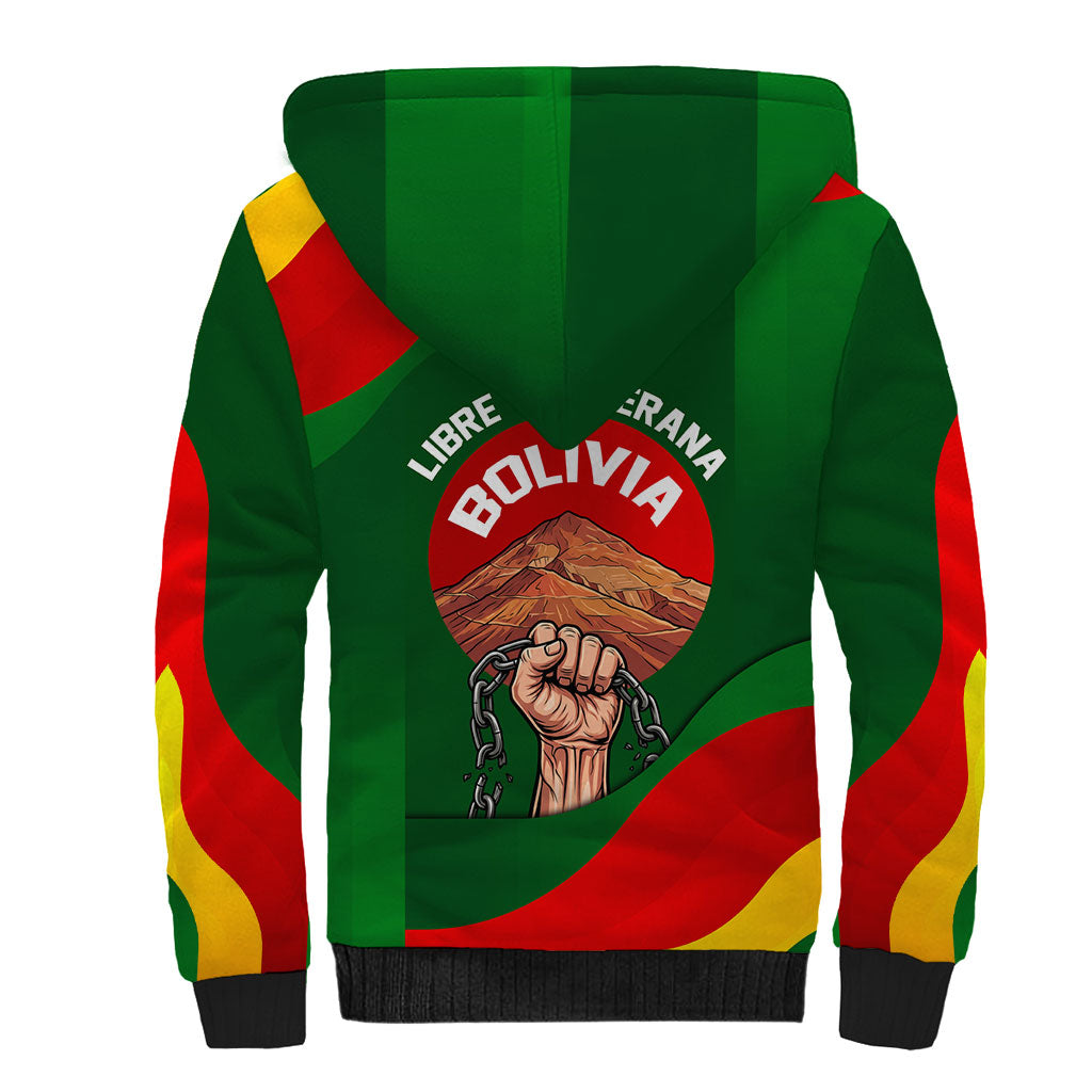 Bolivia Independence Day Sherpa Hoodie Coat Of Arms Libre Y Soberana Heritage Art Broken Chains