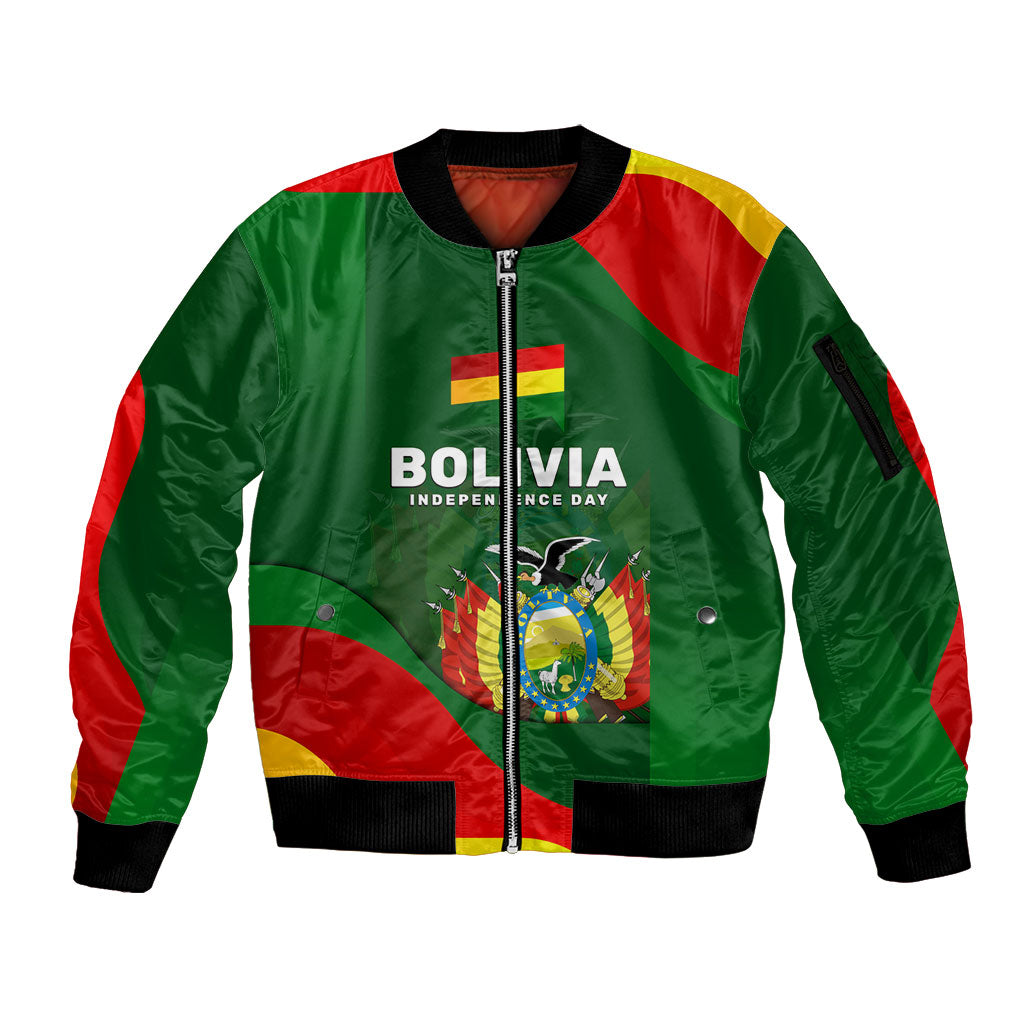 Bolivia Independence Day Sleeve Zip Bomber Jacket Coat Of Arms Libre Y Soberana Heritage Art Broken Chains