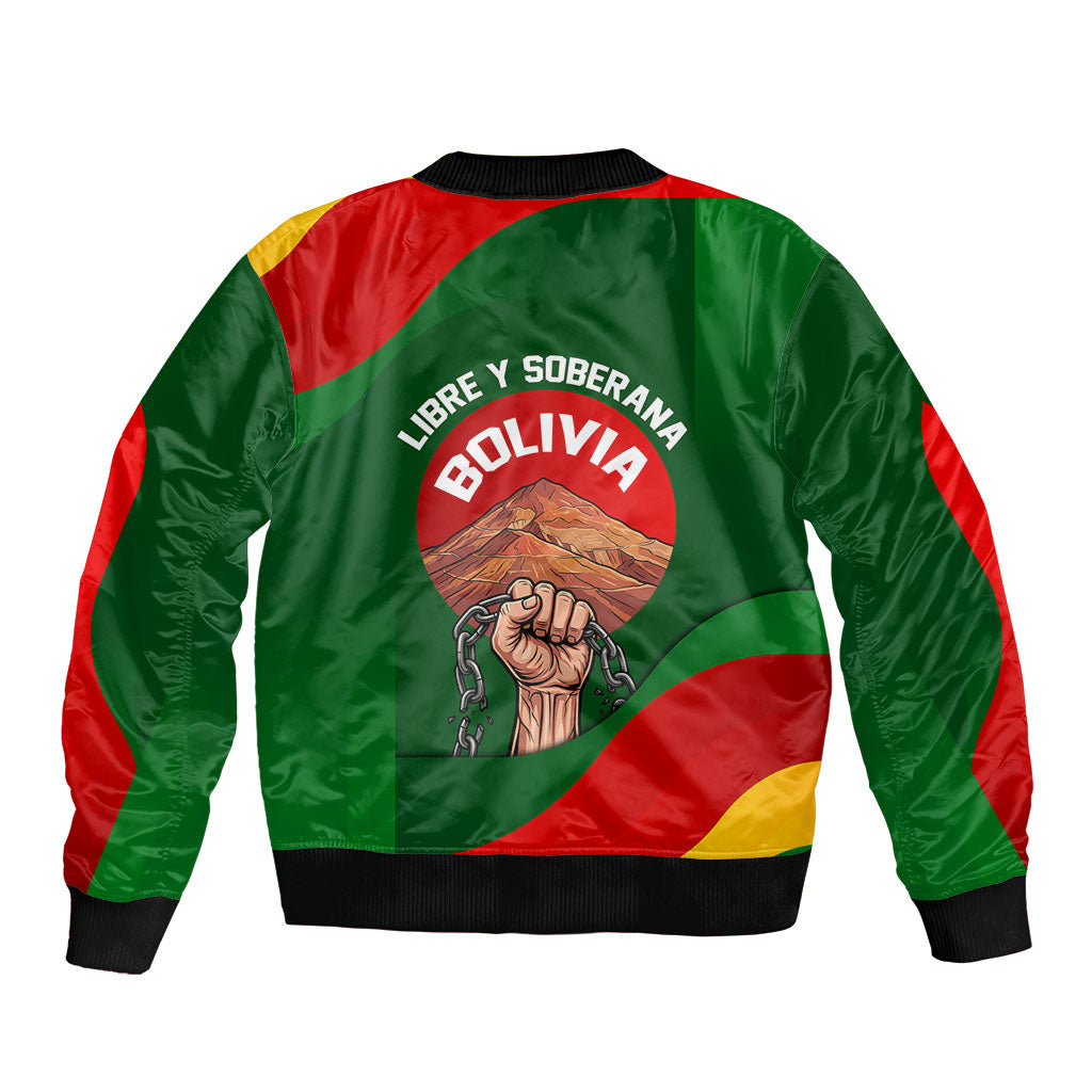 Bolivia Independence Day Sleeve Zip Bomber Jacket Coat Of Arms Libre Y Soberana Heritage Art Broken Chains