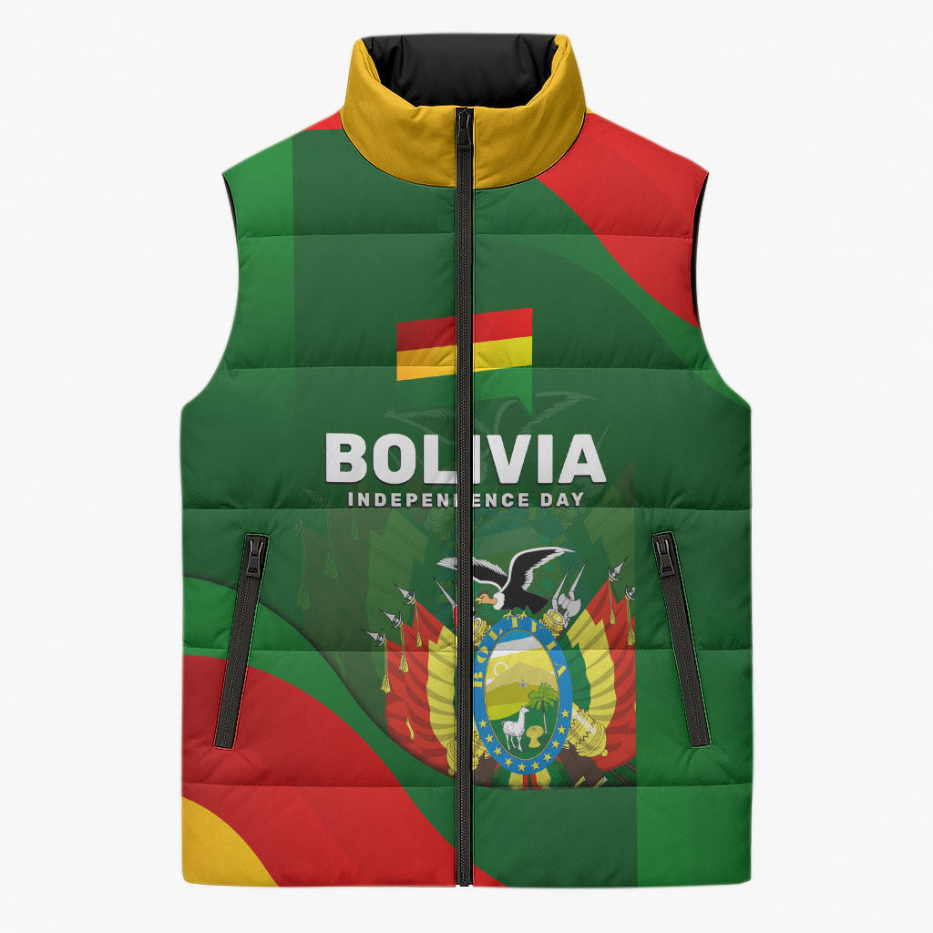 Bolivia Independence Day Sleeveless Puffer Jacket Coat Of Arms Libre Y Soberana Heritage Art Broken Chains