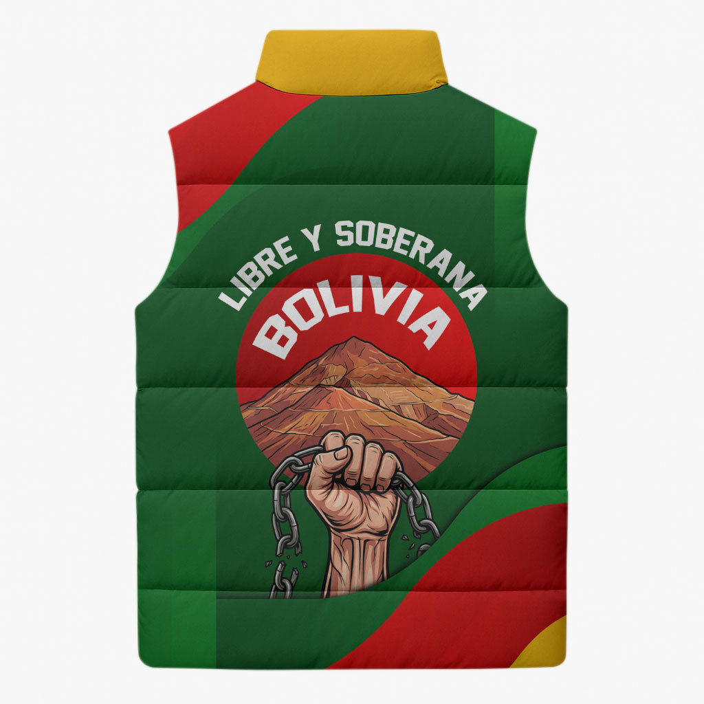 Bolivia Independence Day Sleeveless Puffer Jacket Coat Of Arms Libre Y Soberana Heritage Art Broken Chains