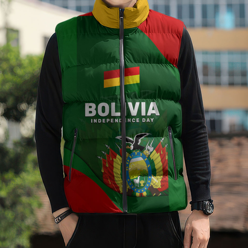 Bolivia Independence Day Sleeveless Puffer Jacket Coat Of Arms Libre Y Soberana Heritage Art Broken Chains