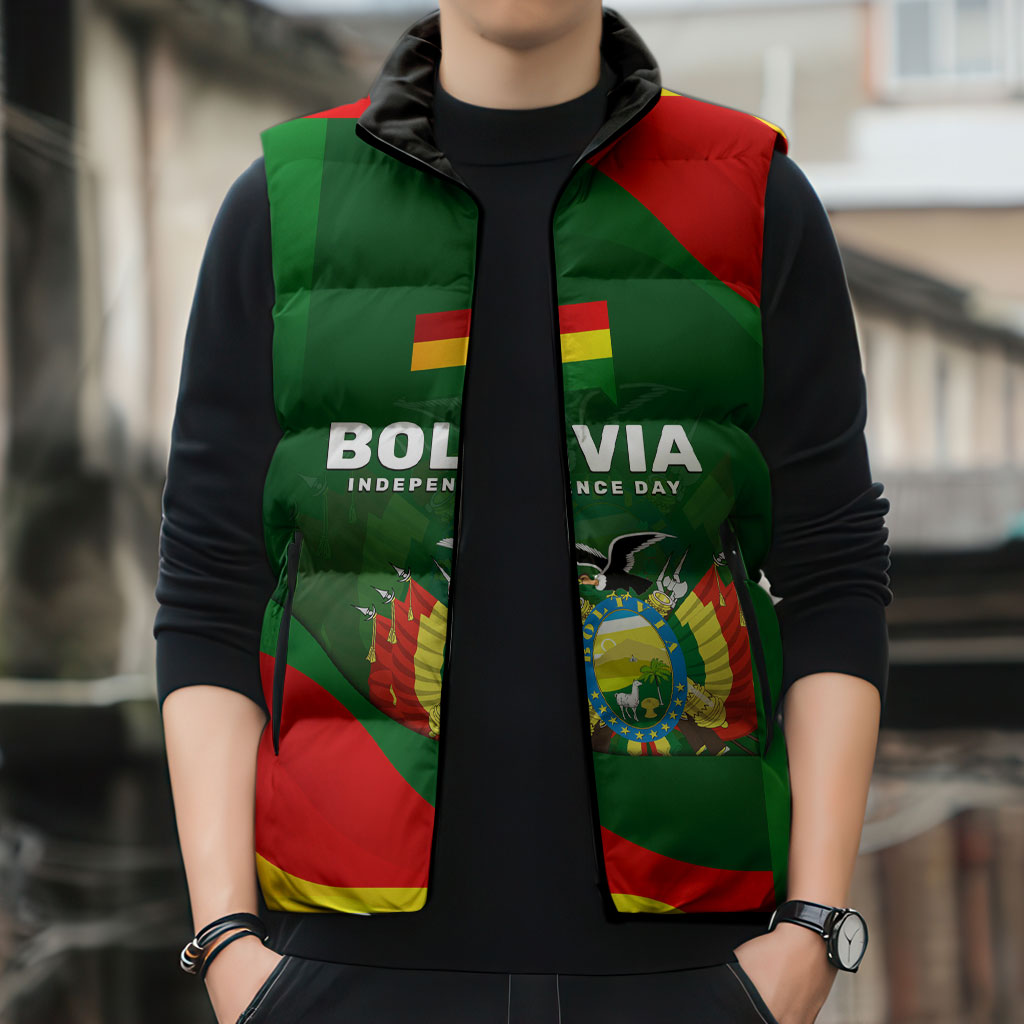 Bolivia Independence Day Sleeveless Puffer Jacket Coat Of Arms Libre Y Soberana Heritage Art Broken Chains