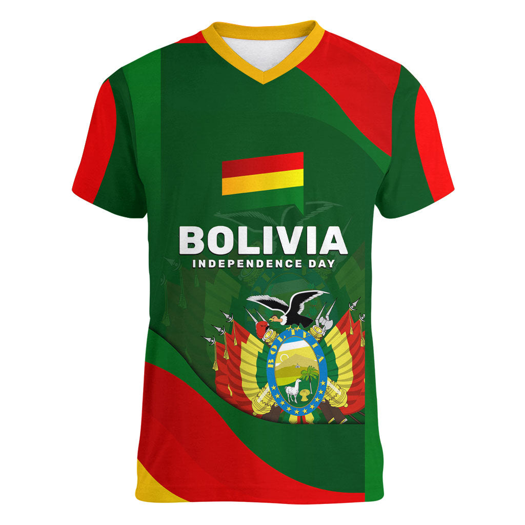 Bolivia Independence Day Women V-Neck T-Shirt Coat Of Arms Libre Y Soberana Heritage Art Broken Chains