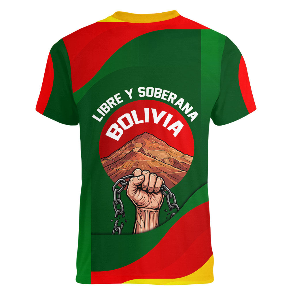 Bolivia Independence Day Women V-Neck T-Shirt Coat Of Arms Libre Y Soberana Heritage Art Broken Chains