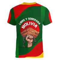 Bolivia Independence Day Women V-Neck T-Shirt Coat Of Arms Libre Y Soberana Heritage Art Broken Chains