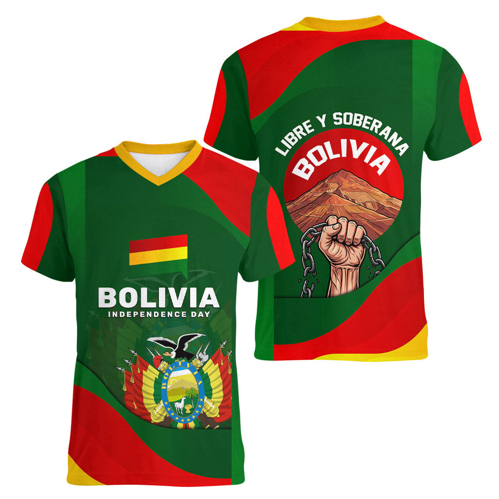 Bolivia Independence Day Women V-Neck T-Shirt Coat Of Arms Libre Y Soberana Heritage Art Broken Chains