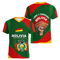 Bolivia Independence Day Women V-Neck T-Shirt Coat Of Arms Libre Y Soberana Heritage Art Broken Chains