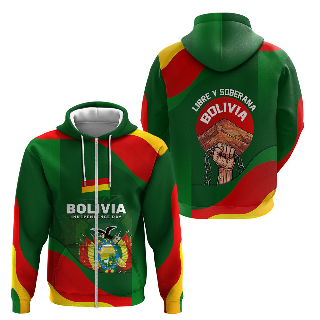 Bolivia Independence Day Zip Hoodie Coat Of Arms Libre Y Soberana Heritage Art Broken Chains
