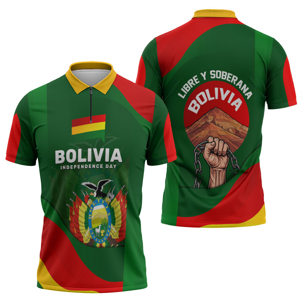Bolivia Independence Day Zipper Polo Shirt Coat Of Arms Libre Y Soberana Heritage Art Broken Chains