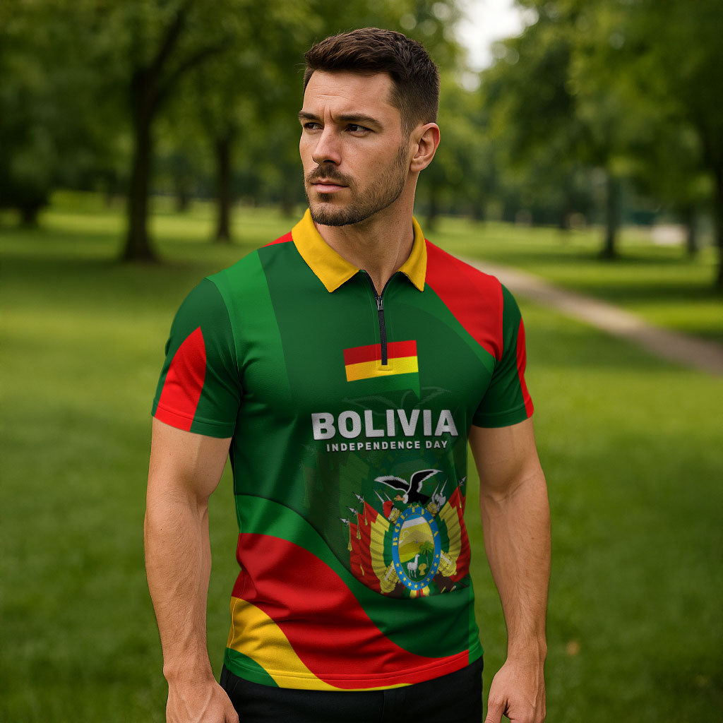 Bolivia Independence Day Zipper Polo Shirt Coat Of Arms Libre Y Soberana Heritage Art Broken Chains