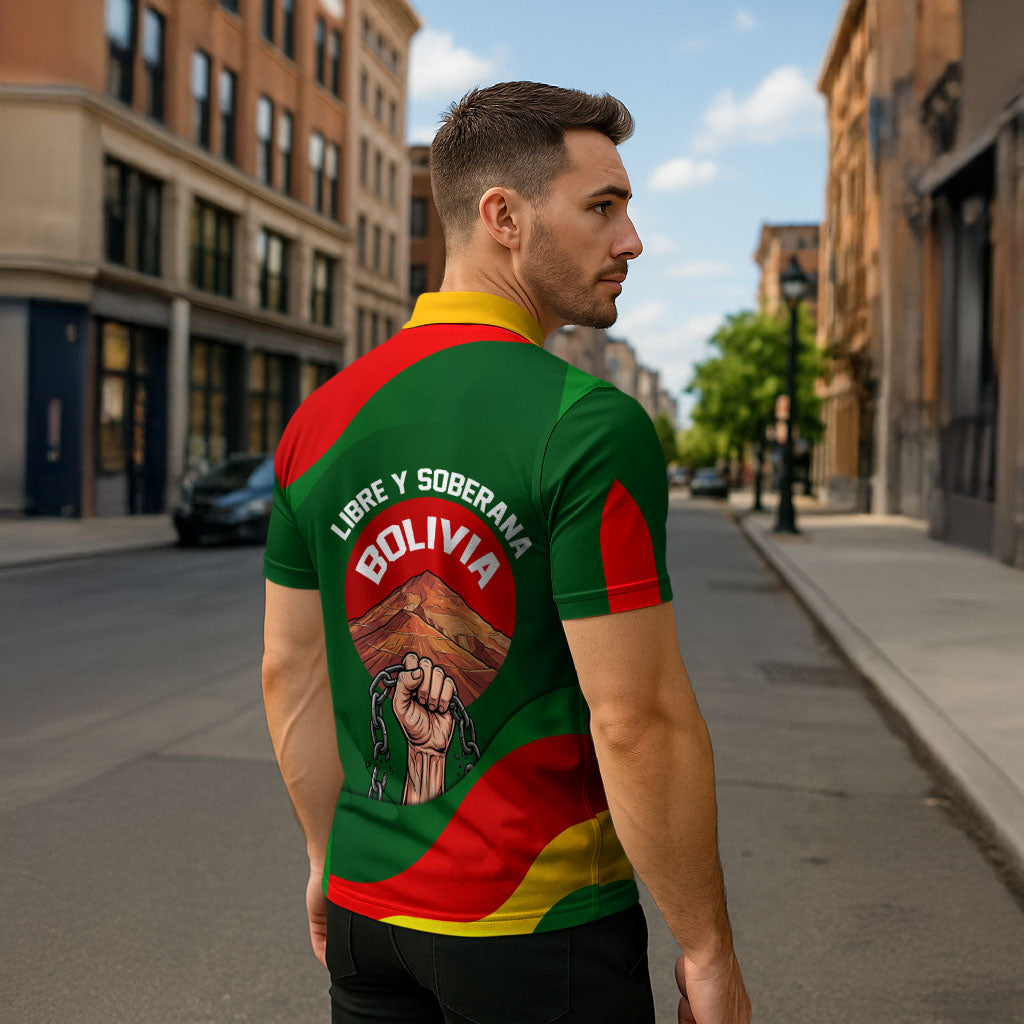 Bolivia Independence Day Zipper Polo Shirt Coat Of Arms Libre Y Soberana Heritage Art Broken Chains