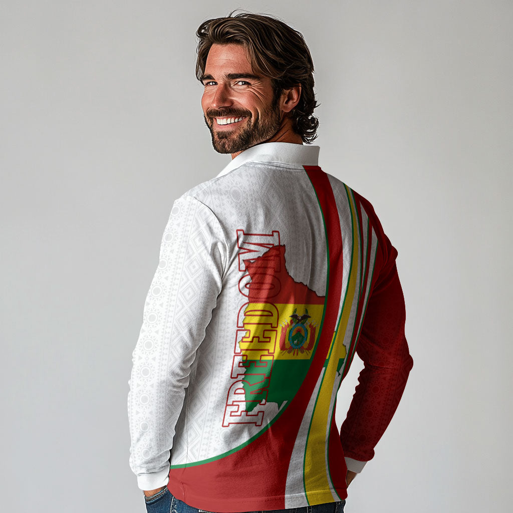 Bolivia Independence Day Map Flag Long Sleeve Polo Shirt Freedom Heritage National Coat Of Arms Accents