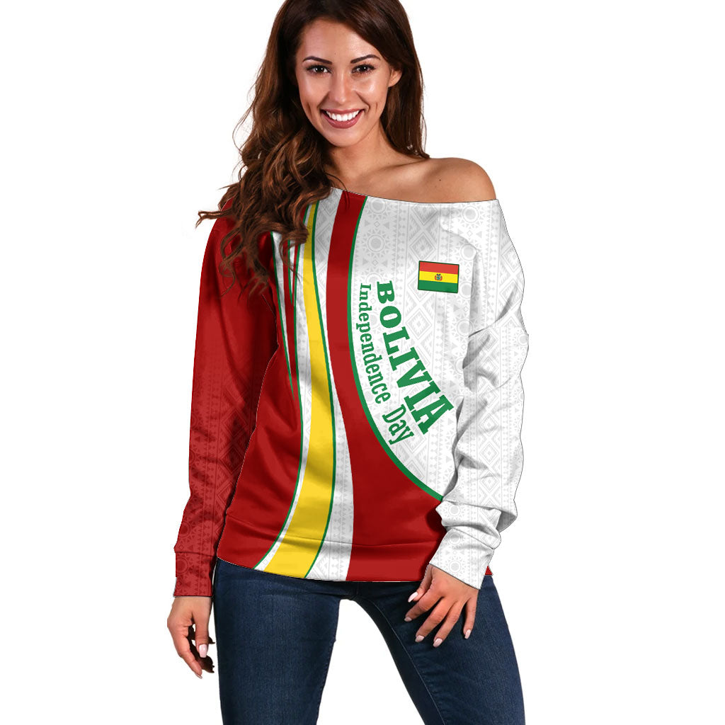 Bolivia Independence Day Map Flag Off Shoulder Sweater Freedom Heritage National Coat Of Arms Accents