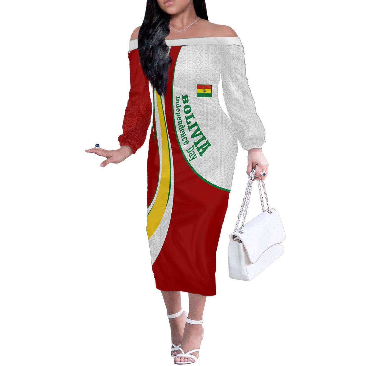 Bolivia Independence Day Map Flag Off The Shoulder Long Sleeve Dress Freedom Heritage National Coat Of Arms Accents