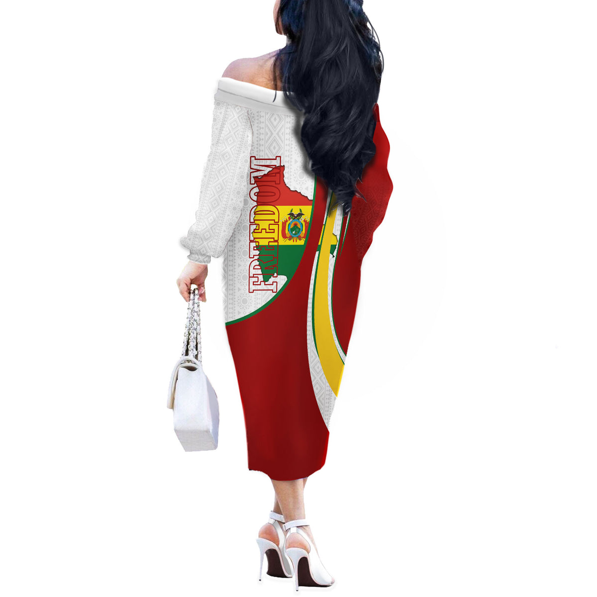 Bolivia Independence Day Map Flag Off The Shoulder Long Sleeve Dress Freedom Heritage National Coat Of Arms Accents
