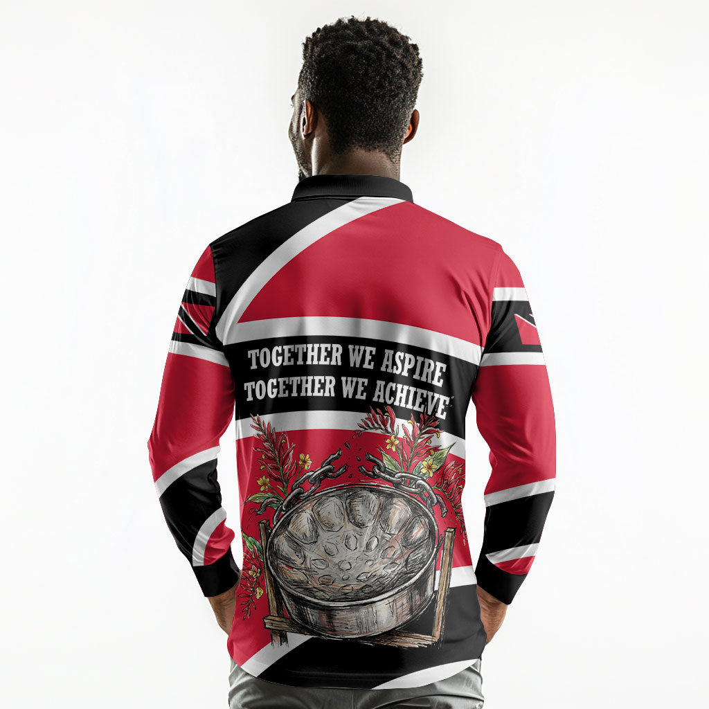 Trinidad And Tobago Independence Day Scarlet Ibis Long Sleeve Polo Shirt Steelpan Heritage National Flag