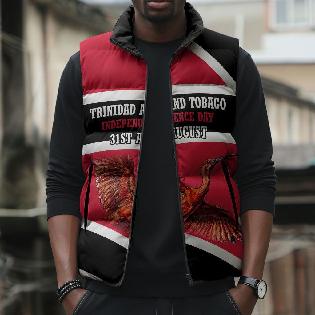 Trinidad And Tobago Independence Day Scarlet Ibis Sleeveless Puffer Jacket Steelpan Heritage National Flag