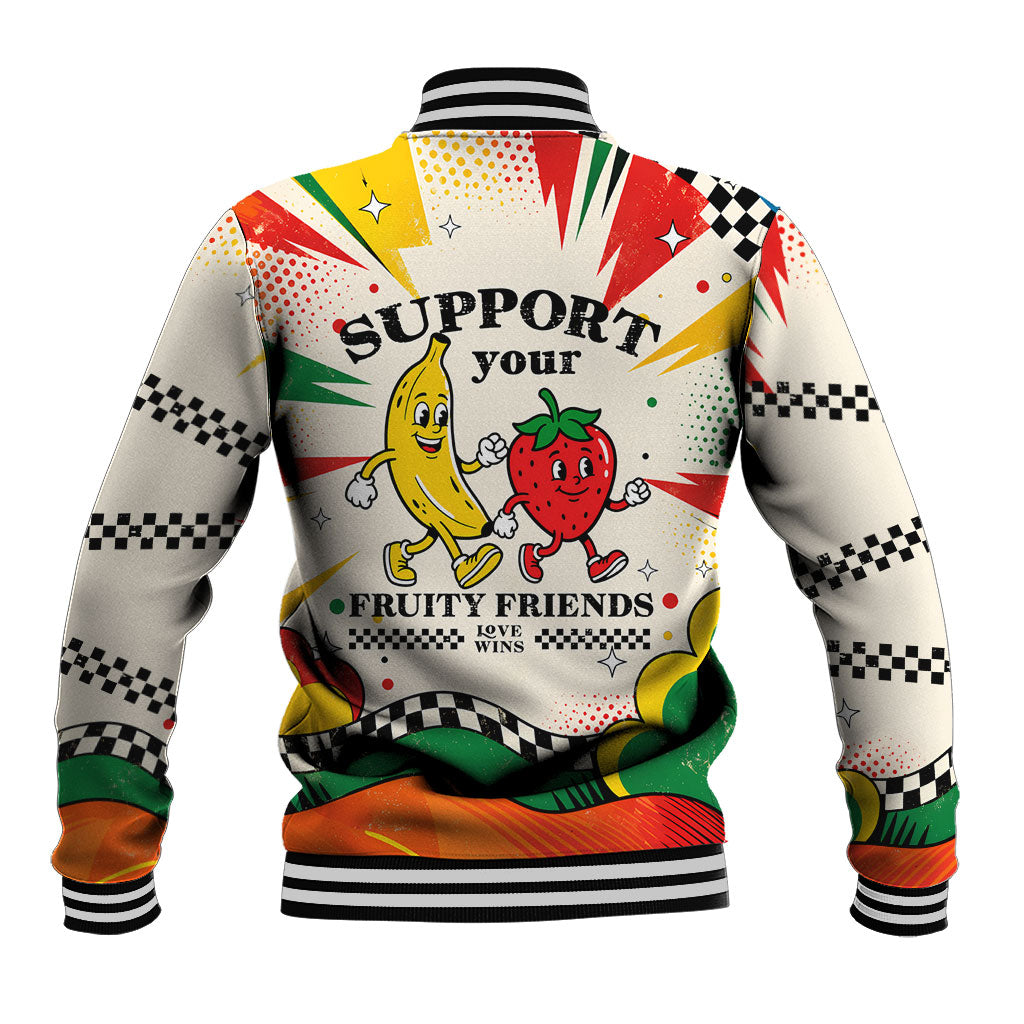 Support Your Fruity Friends Love Wins Gay Pride Baseball Jacket LGBTQ Retro 30s Cartoon Checkered
