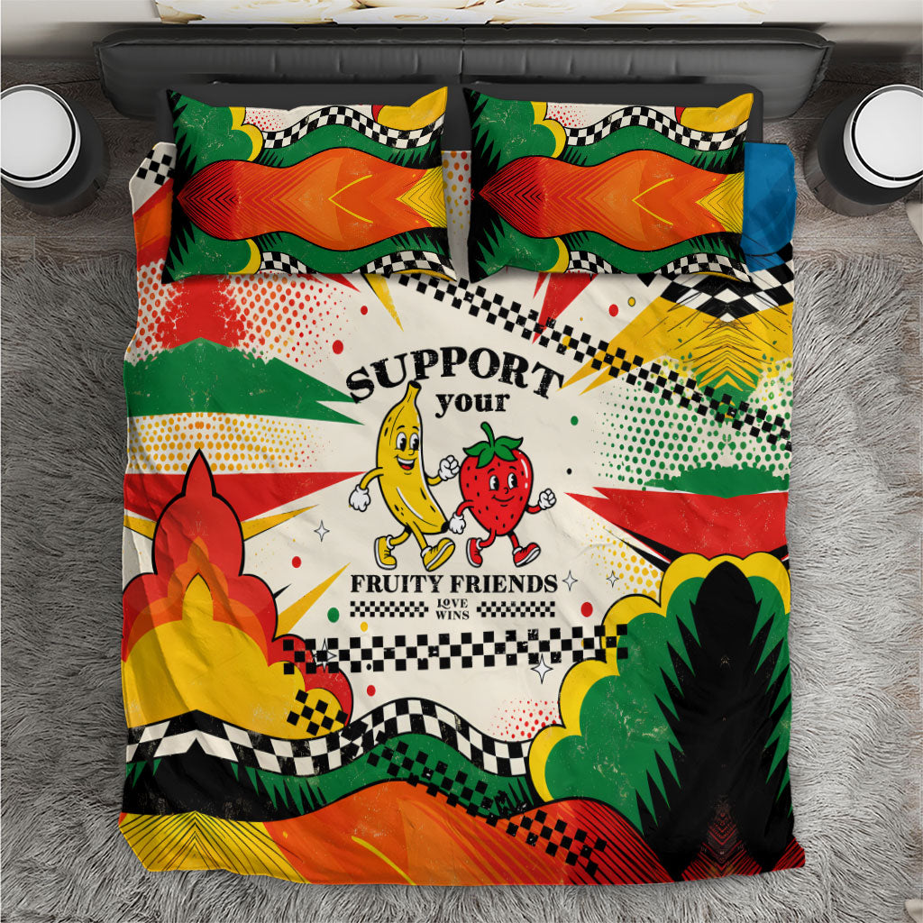 Support Your Fruity Friends Love Wins Gay Pride Bedding Set LGBTQ Retro 30s Cartoon Checkered