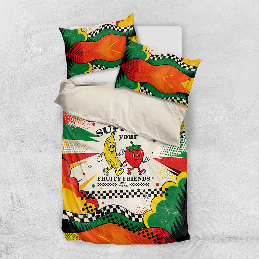 Support Your Fruity Friends Love Wins Gay Pride Bedding Set LGBTQ Retro 30s Cartoon Checkered