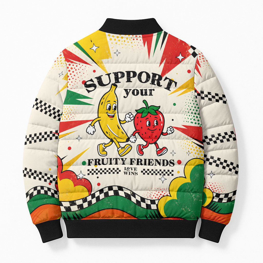 Support Your Fruity Friends Love Wins Gay Pride Bomber Puffer Jacket LGBTQ Retro 30s Cartoon Checkered