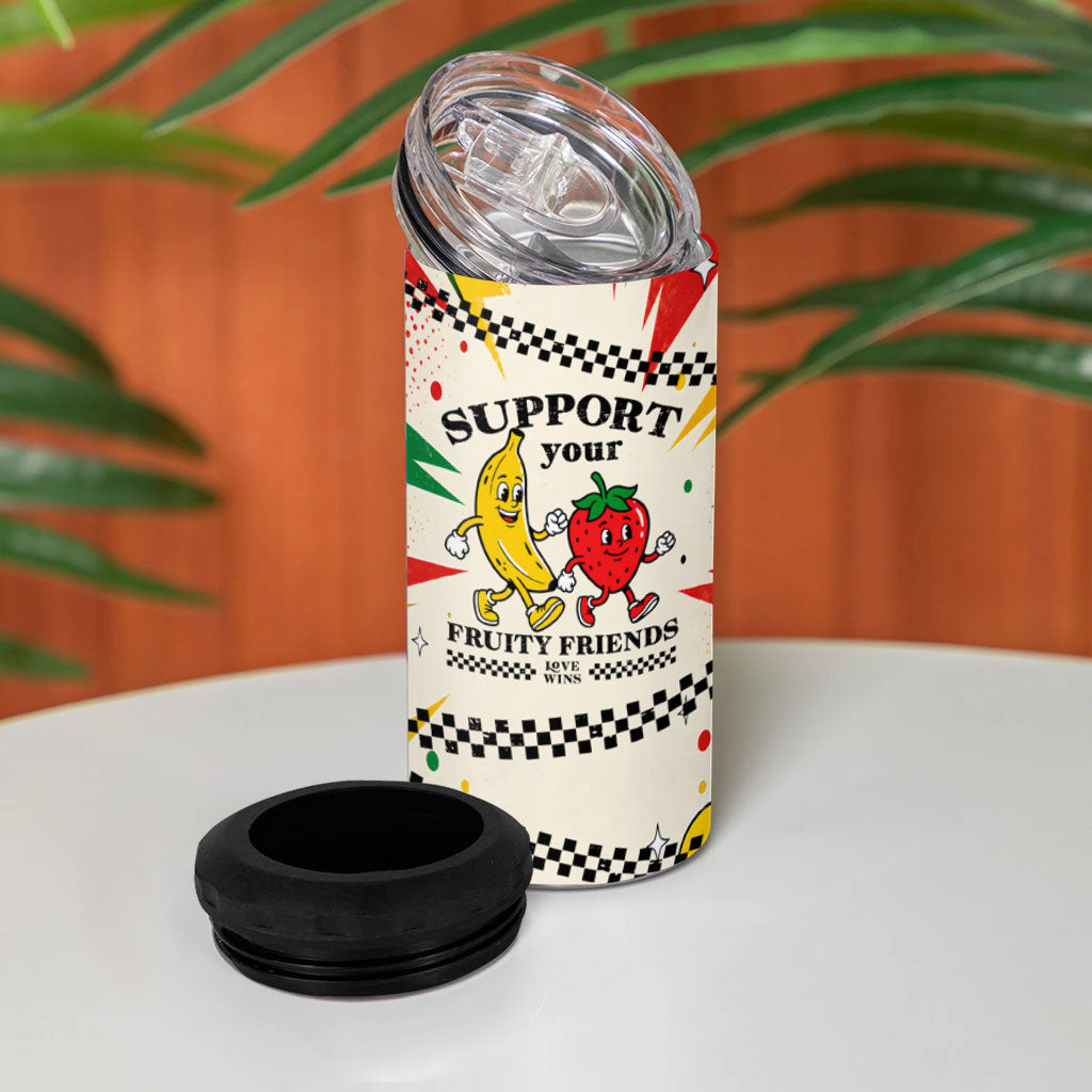 Support Your Fruity Friends Love Wins Gay Pride 4 in 1 Can Cooler Tumbler LGBTQ Retro 30s Cartoon Checkered
