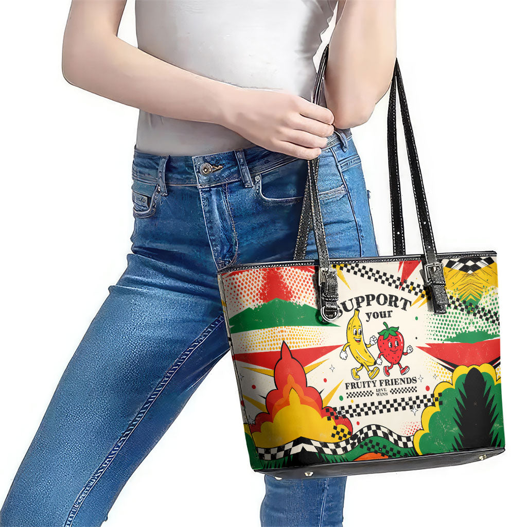 Support Your Fruity Friends Love Wins Gay Pride Leather Tote Bag LGBTQ Retro 30s Cartoon Checkered