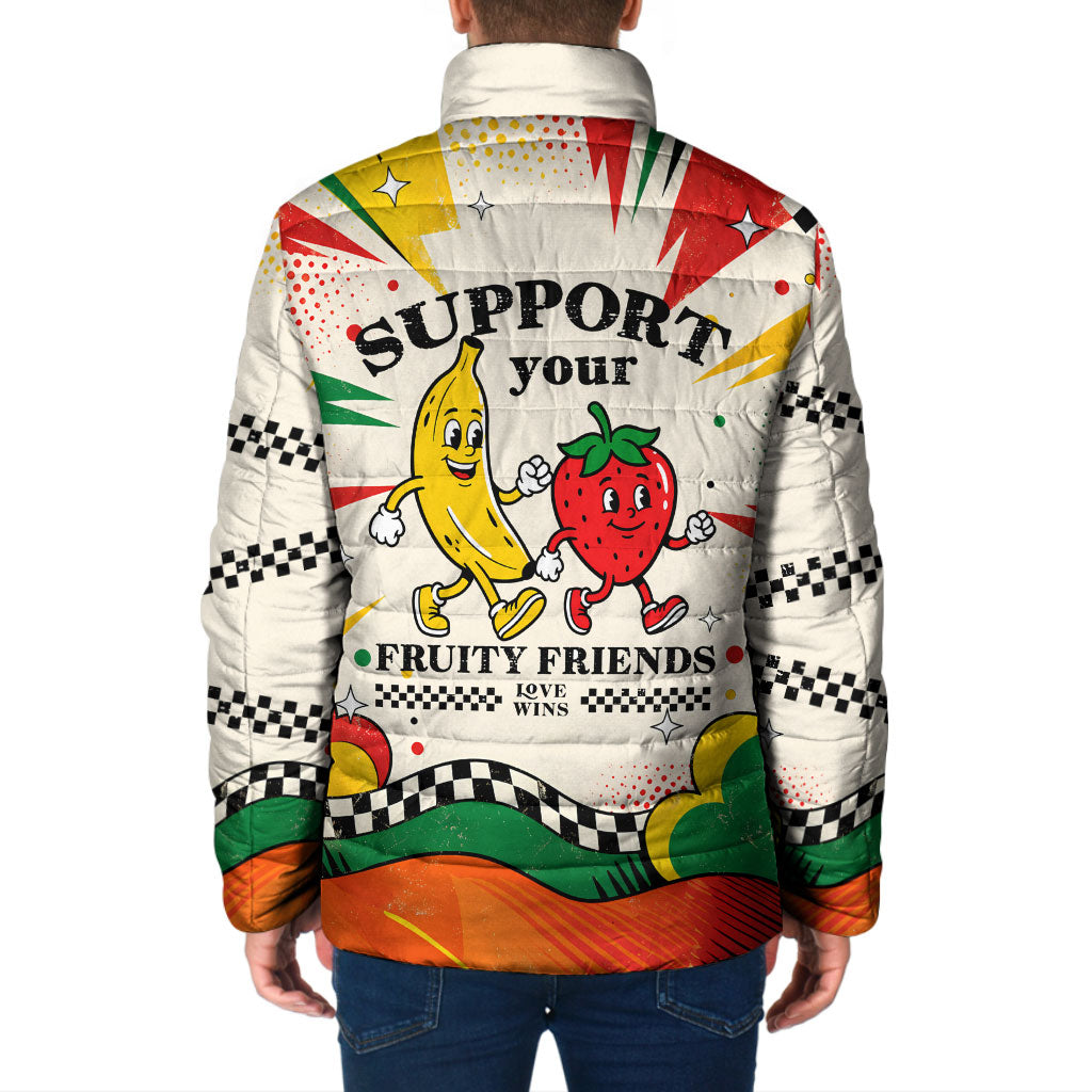 Support Your Fruity Friends Love Wins Gay Pride Padded Jacket LGBTQ Retro 30s Cartoon Checkered