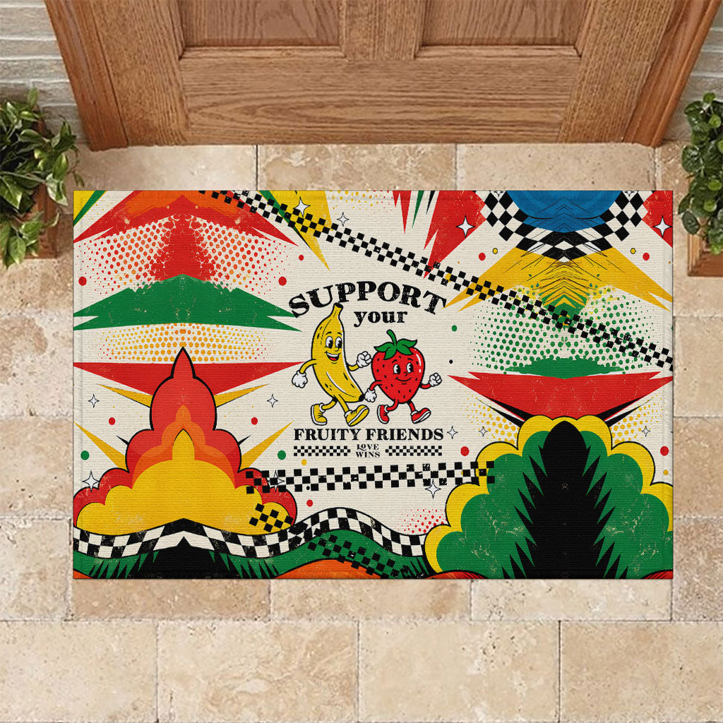 Support Your Fruity Friends Love Wins Gay Pride Rubber Doormat LGBTQ Retro 30s Cartoon Checkered